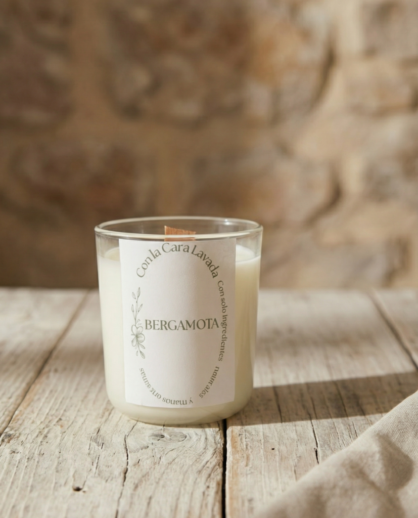 Vela de aromaterapia bergamota artesanal en vaso de cristal sobre mesa rústica