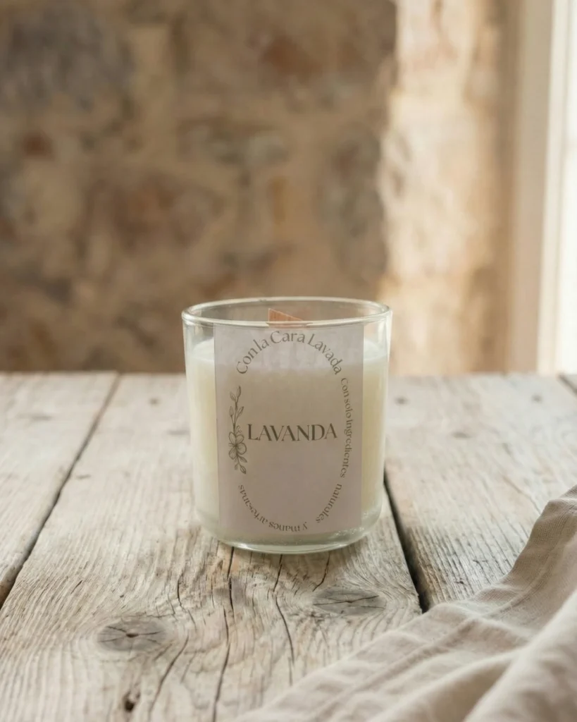 Vela de aromaterapia lavanda artesanal en vaso de cristal sobre mesa rústica