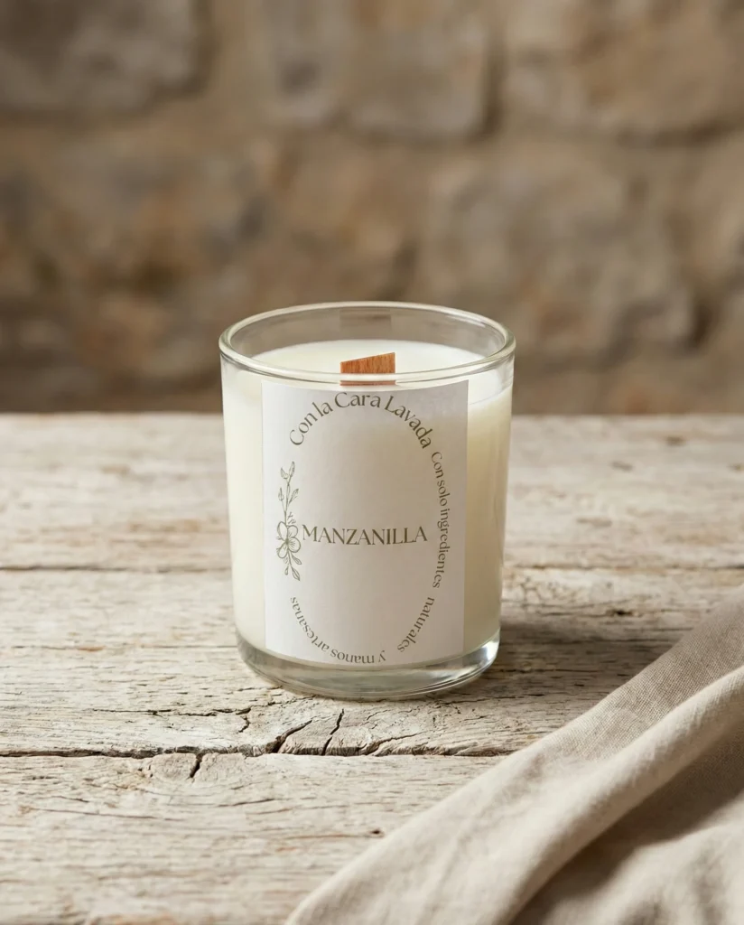 Vela artesanal de soja aroma manzanilla con mecha de madera sobre mesa rústica