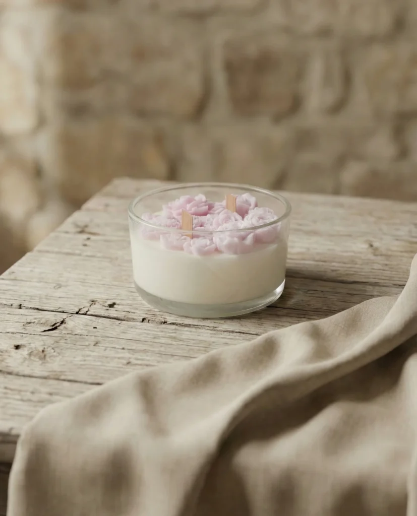 Vela artesanal de soja con flores rosas de cera en recipiente de cristal sobre mesa rústica