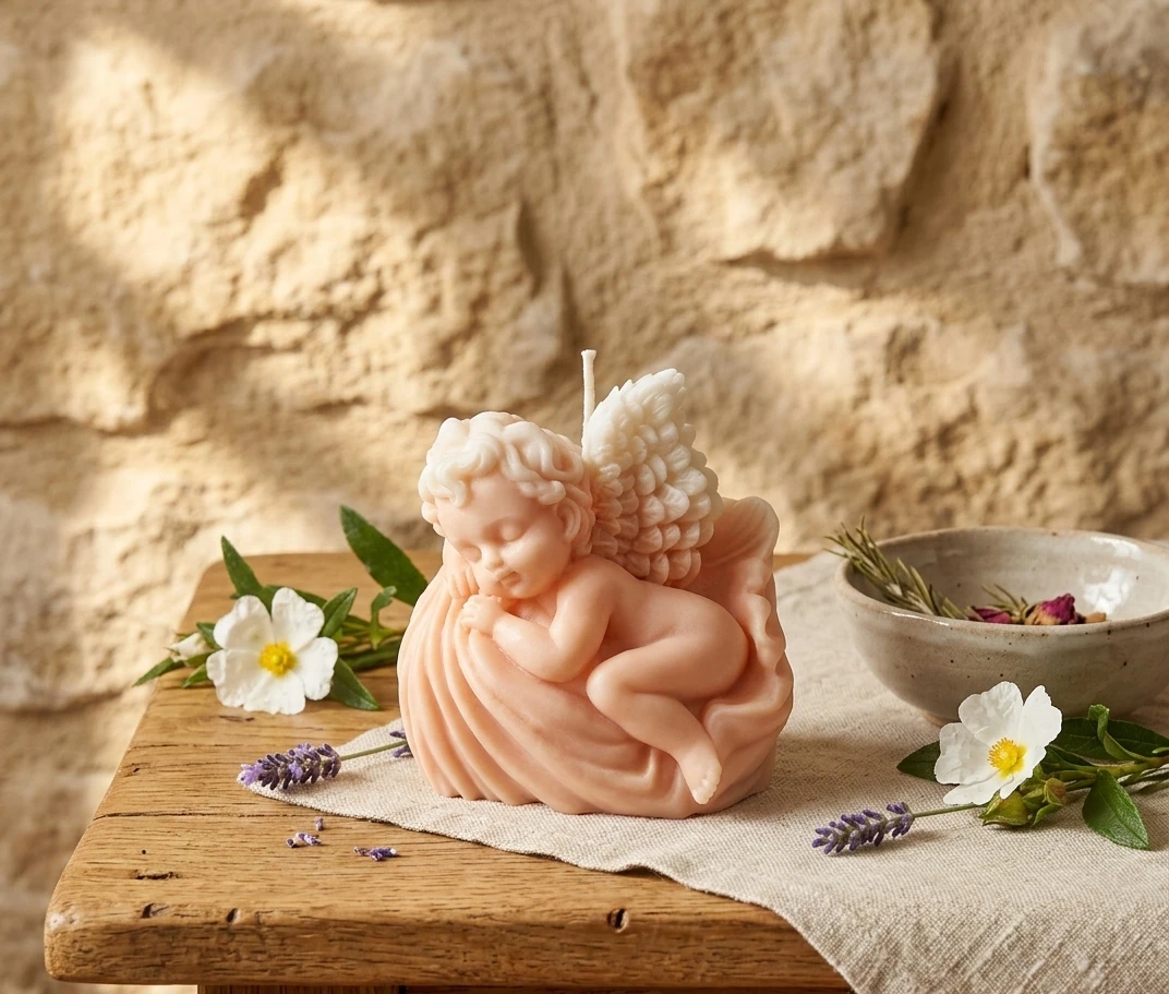 Vela decorativa de soja con forma de angelito dormido rodeada de flores y lavanda sobre mesa rústica