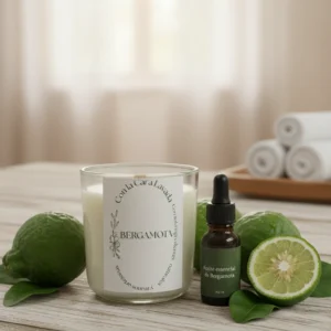 Vela artesanal de soja aroma bergamota con aceite esencial natural, ideal para aromaterapia y bienestar