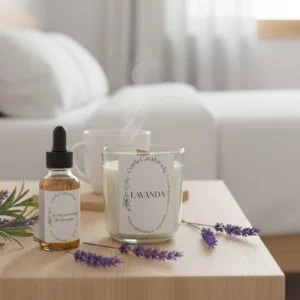 Vela artesanal de soja aroma lavanda natural para relajación y descanso, vista en habitación luminosa.