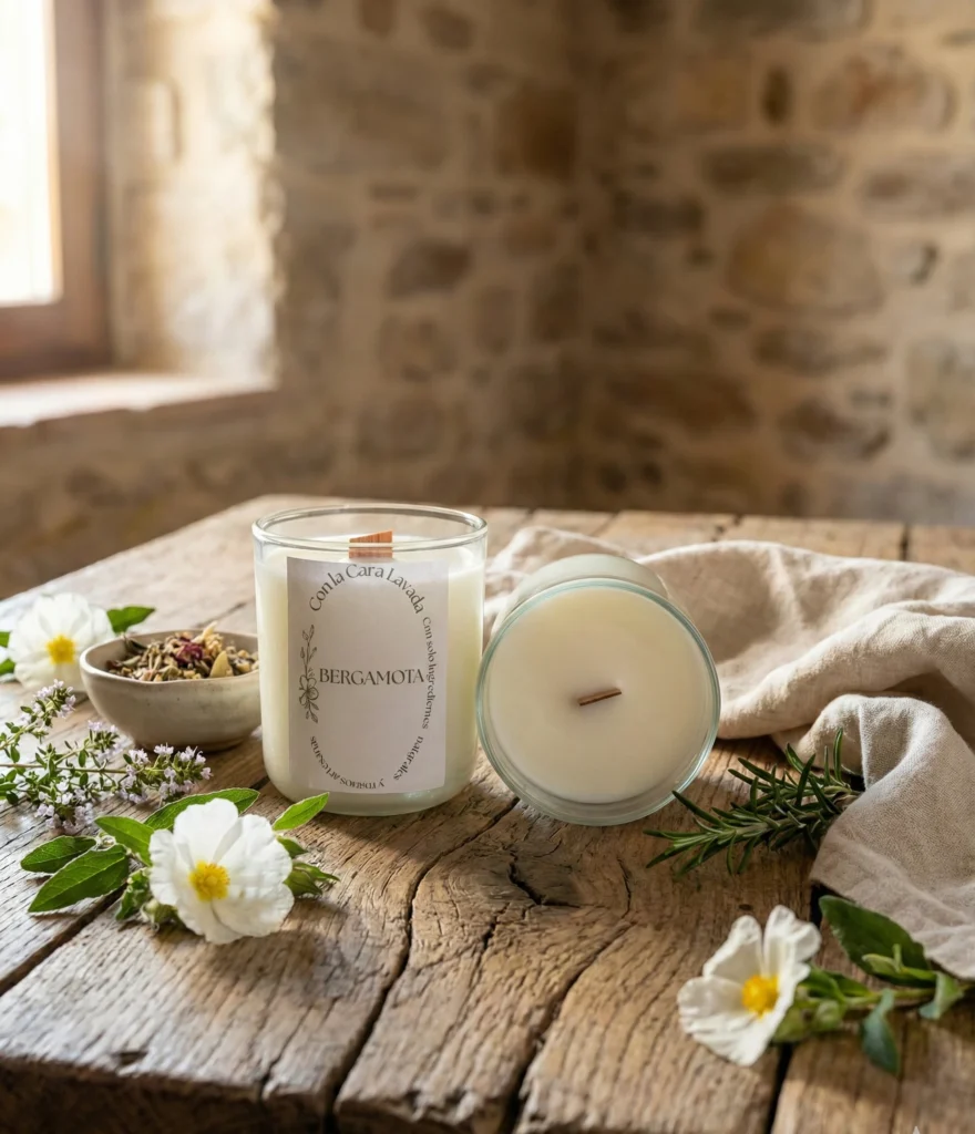 Vela artesanal de soja bergamota en ambiente natural con flores blancas y romero junto a ventana