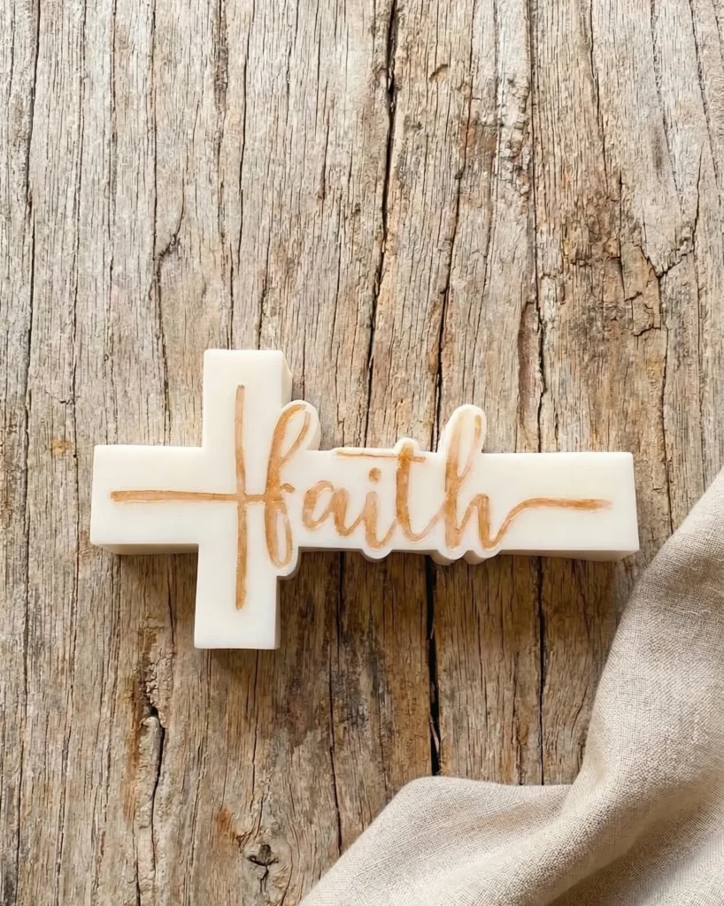 Vela decorativa de soja en forma de cruz con palabra Faith sobre mesa de madera rústica