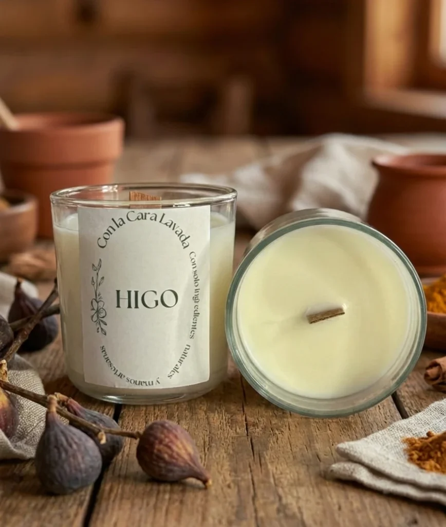 Vela de soja aroma higo con mecha de madera junto a higos frescos y especias sobre madera rústica