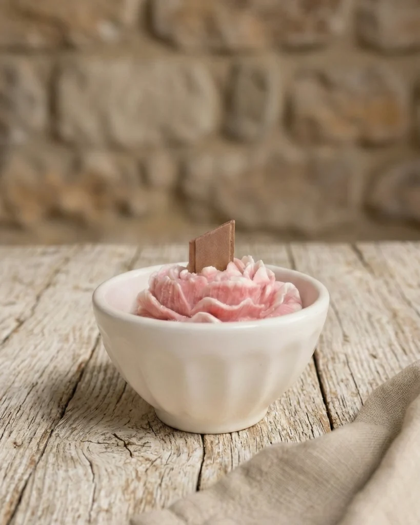 Vela artesanal de soja en cuenco de cerámica portuguesa con forma de flor rosa sobre mesa de madera rústica