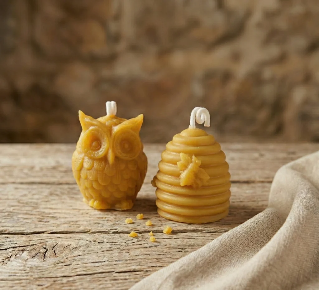Velas artesanales de cera de abeja con forma de búho y colmena sobre mesa rústica