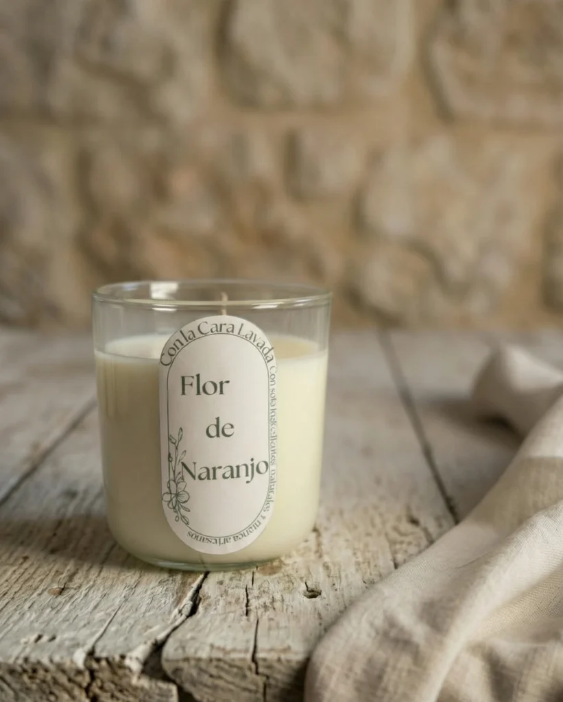 Vela de aromaterapia flor de naranjo artesanal en vaso de cristal sobre mesa rústica