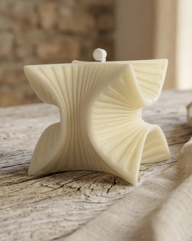 Primer plano de vela artesanal de soja con diseño escultural en forma de estrella 3D sobre mesa de madera