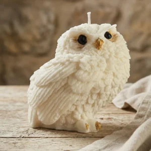 Primer plano de vela decorativa artesanal de soja con forma de búho sobre mesa de madera