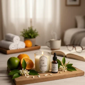 Vela artesanal de soja aroma flor de naranjo para aromaterapia y equilibrio. Vista en habitación moderna.