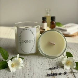 Vela artesanal de soja aroma jazmín natural con fragancia floral intensa, sobre mesa de madera blanca.