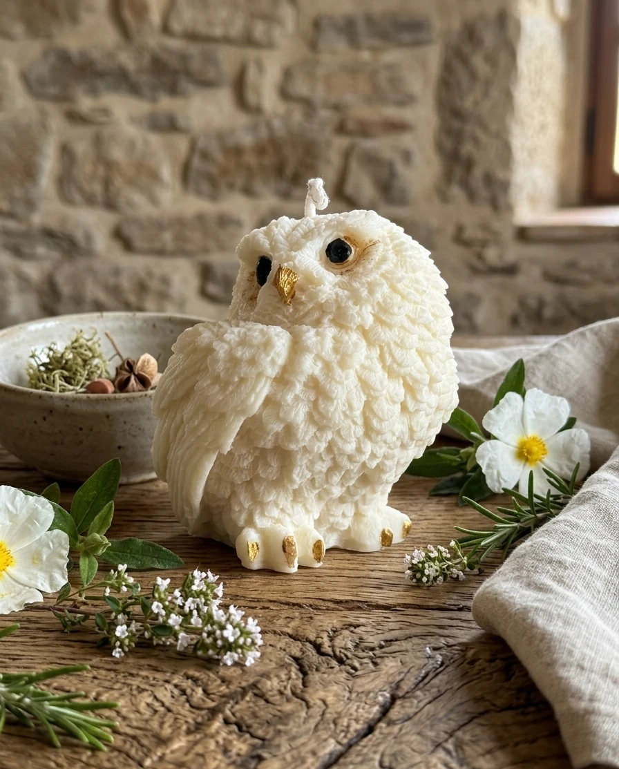 Vela decorativa artesanal de soja con forma de búho rodeada de flores y plantas aromáticas