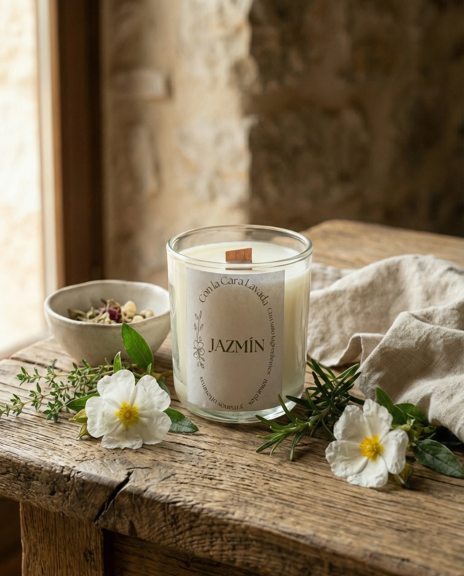 Vela aromática de soja jazmín con flores blancas y hojas verdes sobre madera envejecida