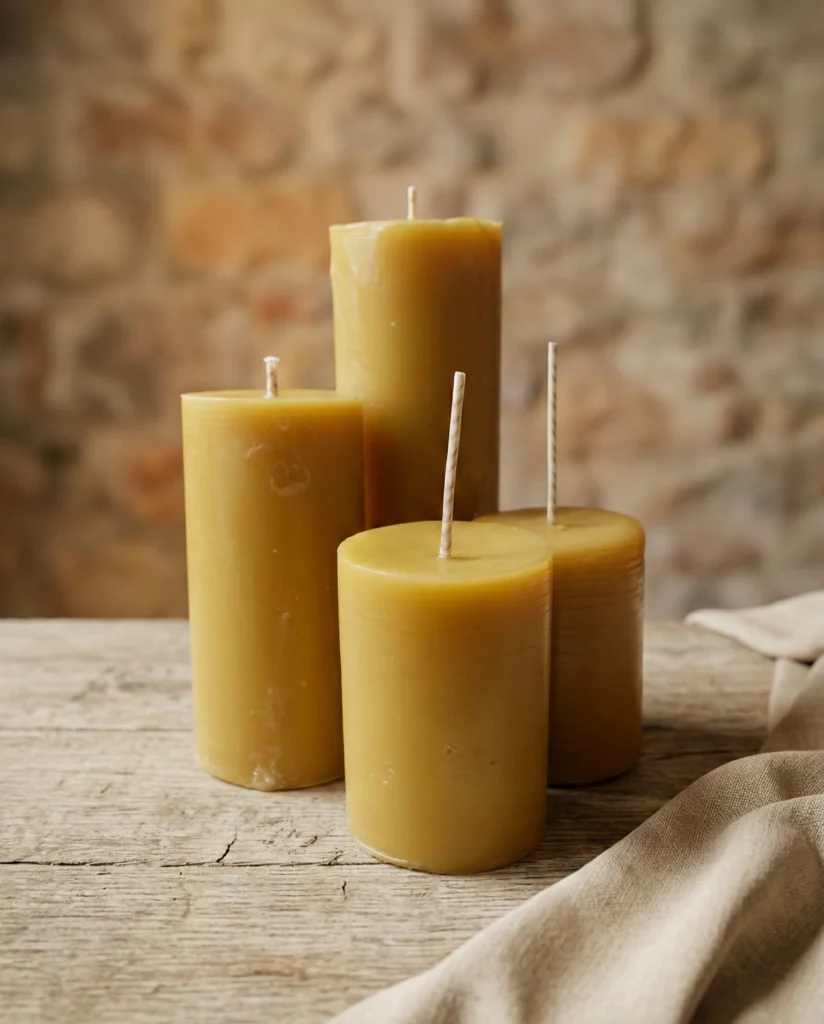 Velas pilar artesanales de cera de abeja en distintos tamaños sobre mesa de madera