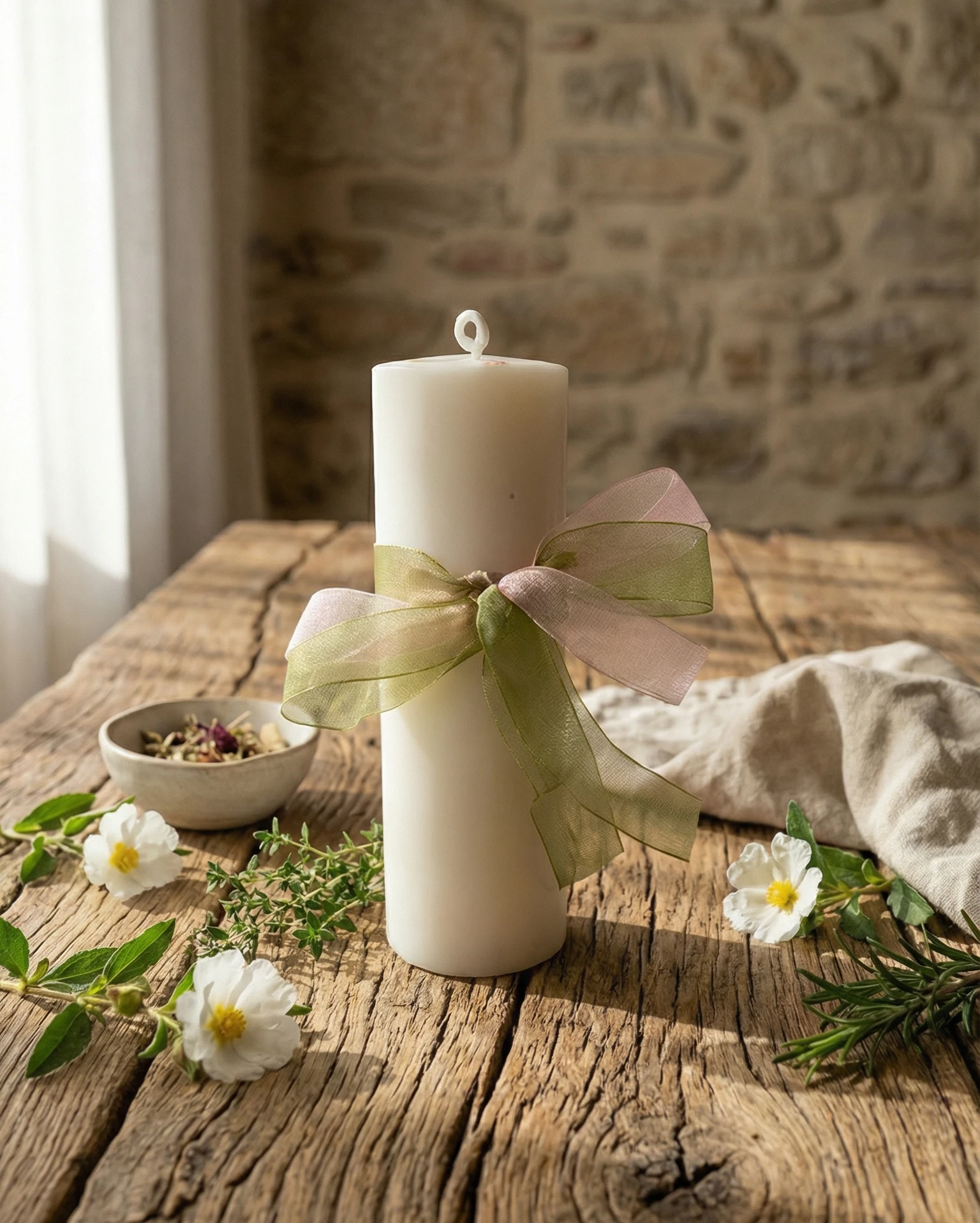 Vela blanca de pilar aroma jengibre en mesa rústica con flores y hierbas