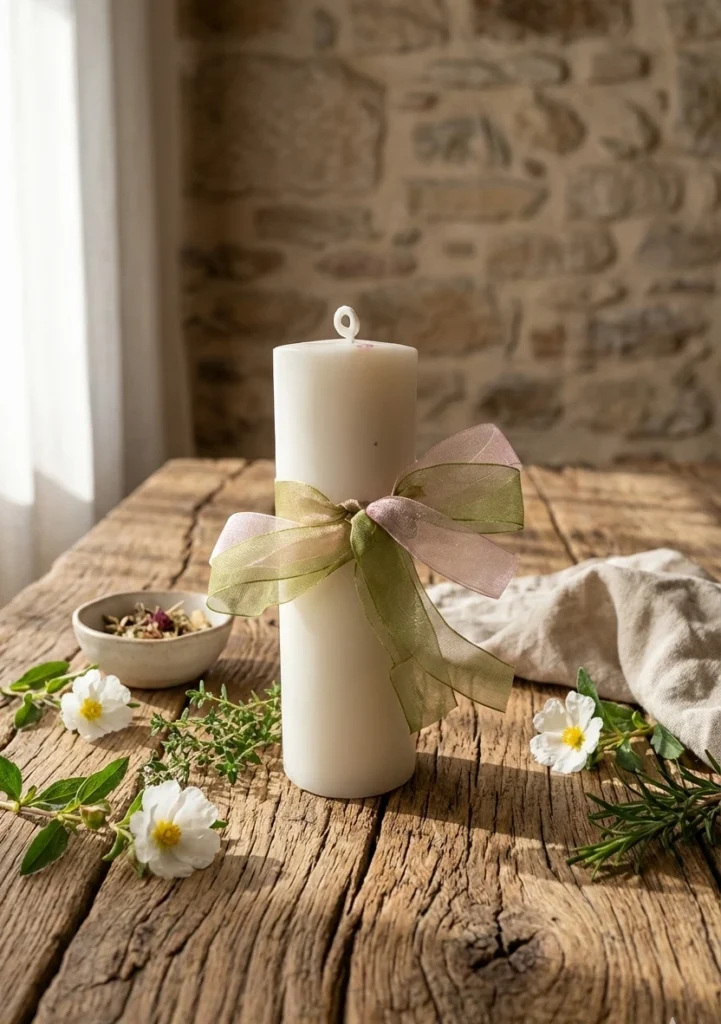 Vela blanca de pilar aroma jengibre en mesa rústica con flores y hierbas