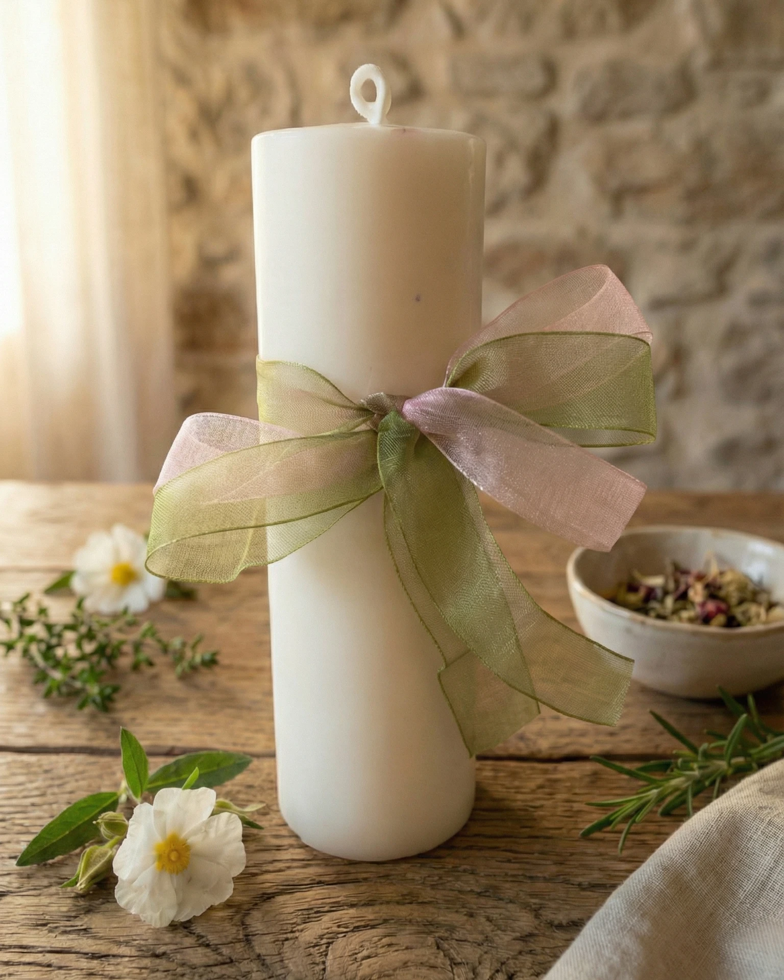 Vela de pilar blanca con lazo decorativo aroma jengibre en ambiente rústico