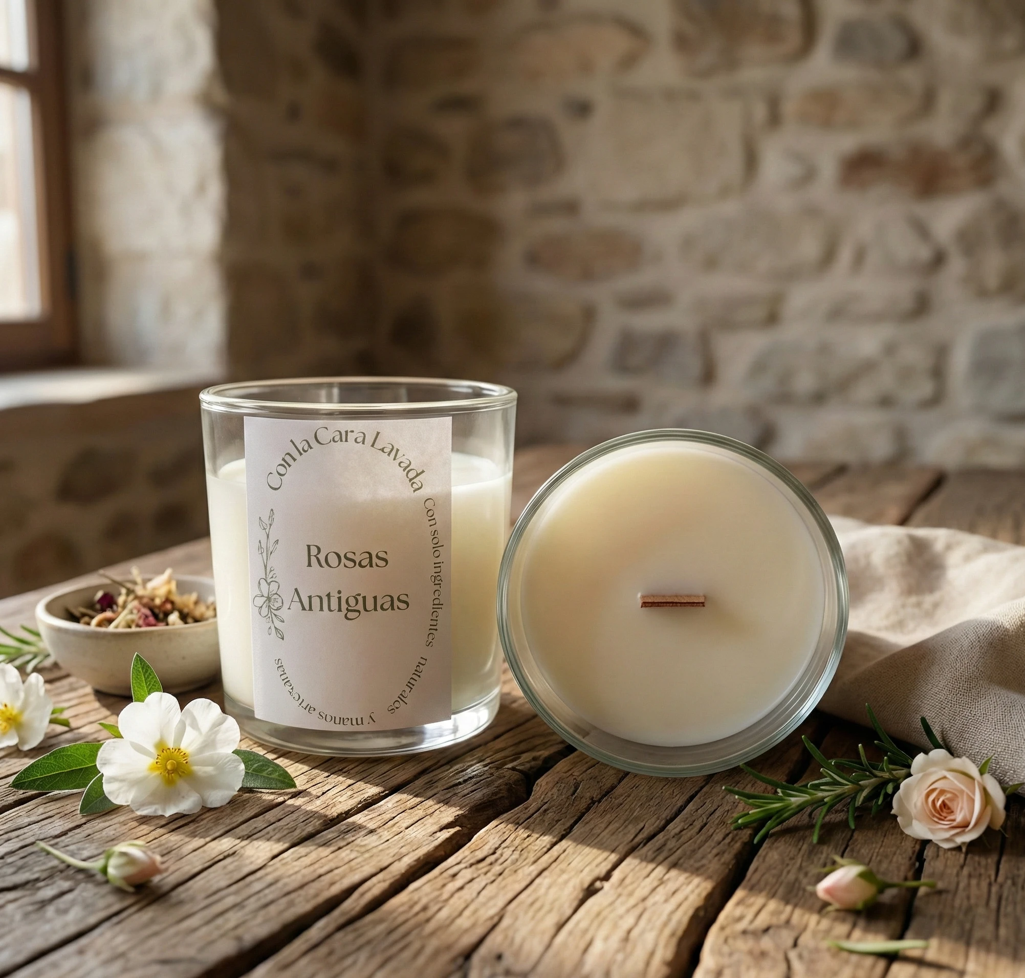 Vela de aromaterapia rosas antiguas en mesa rústica con flores blancas y detalles naturales