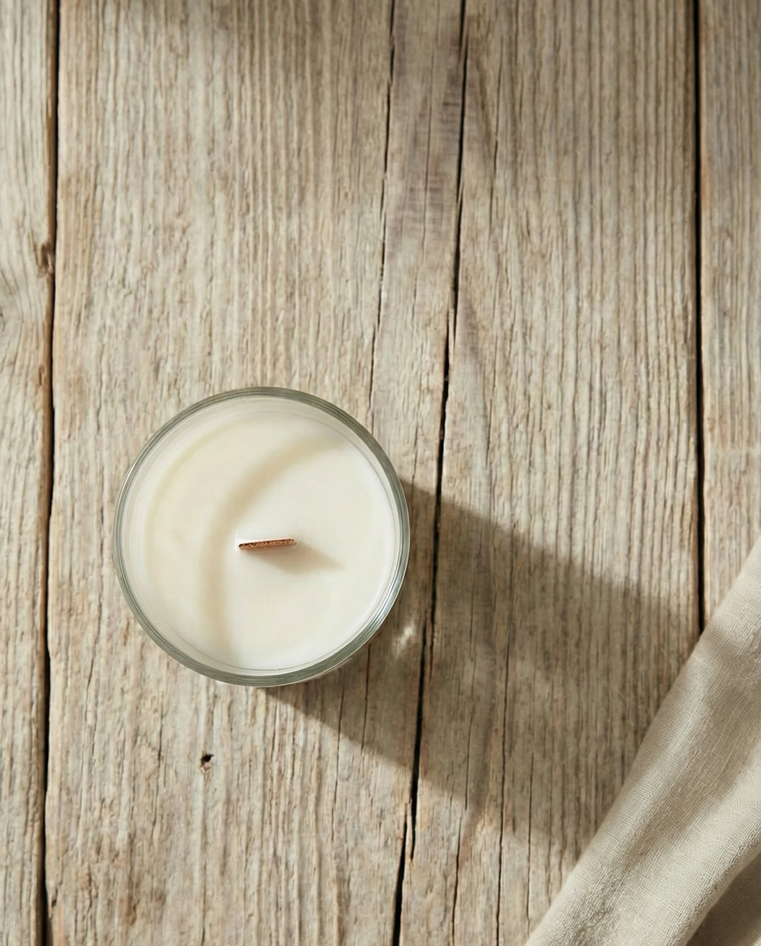 Vista superior de vela artesanal rosas antiguas con mecha de madera sobre madera clara