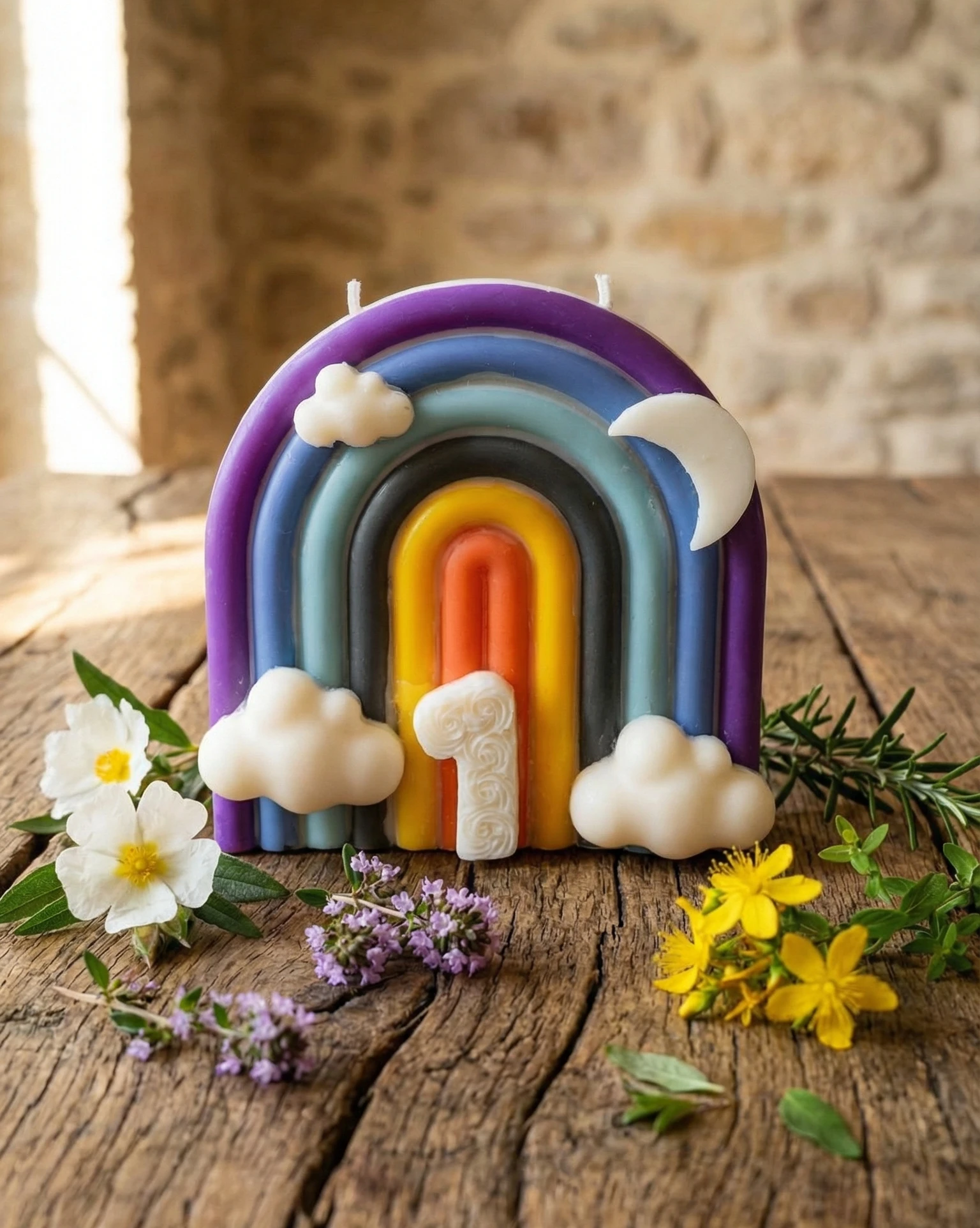 Vela de soja decorativa con forma de arco iris multicolor hecha a mano