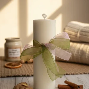 Vela artesanal de soja aroma jengibre natural con notas especiadas, sobre mesa de madera.