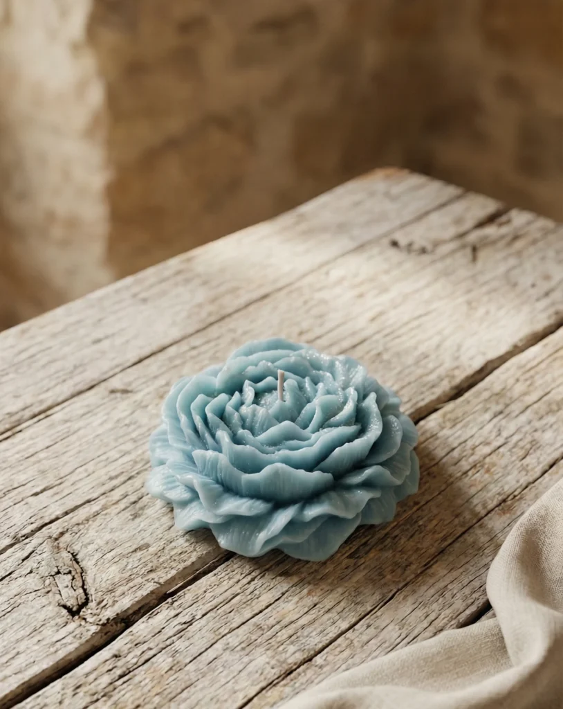 Vela decorativa artesanal de soja con forma de peonía azul turquesa sobre mesa de madera rústica