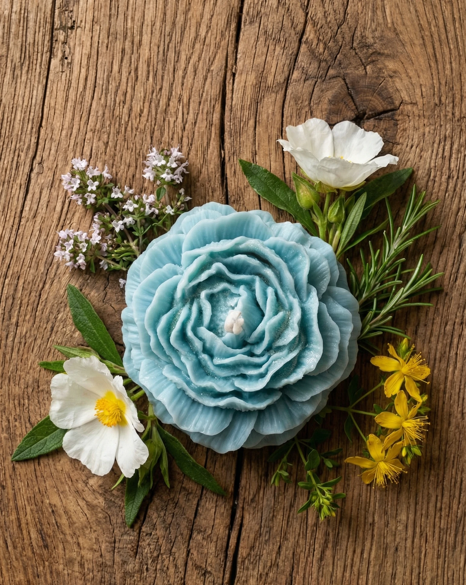 Vela artesanal de soja con forma de peonía azul turquesa rodeada de flores y hojas sobre mesa de madera