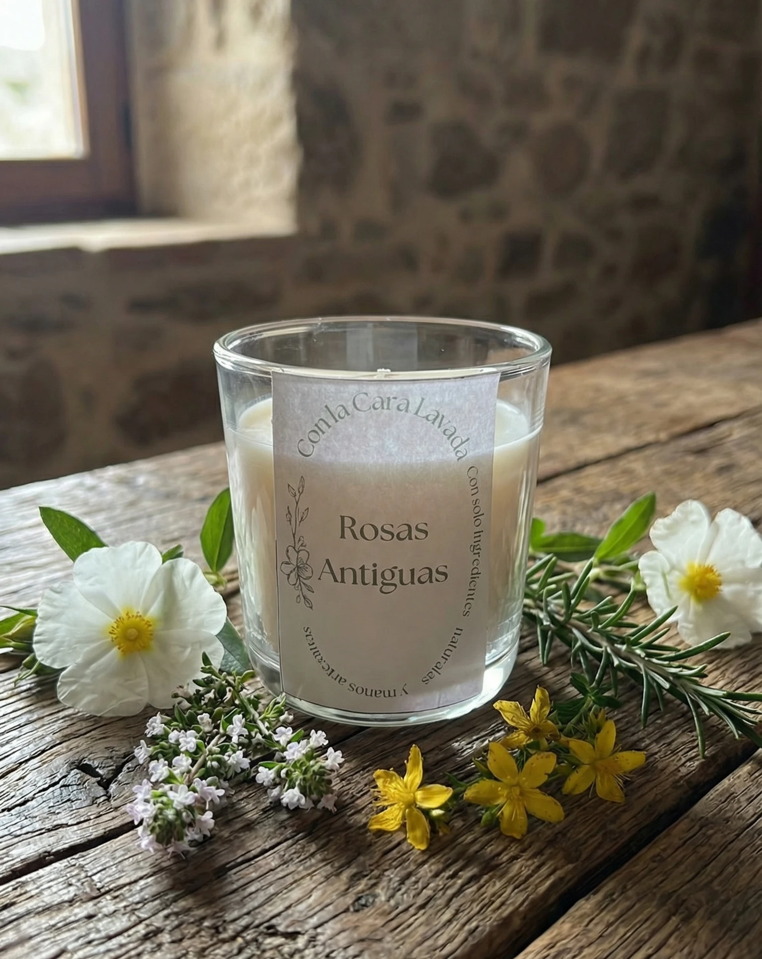Dos velas de soja aroma rosas antiguas sobre mesa de madera con flores y lavanda