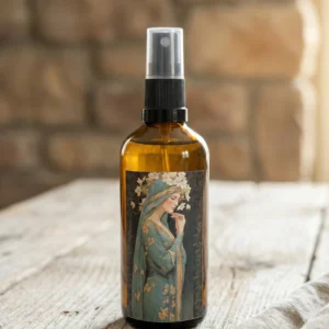 Bruma de almohada flor de naranjo en frasco ámbar con pulverizador sobre mesa de madera rústica