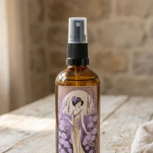 Bruma de almohada aroma lavanda en frasco ámbar con pulverizador sobre mesa rústica