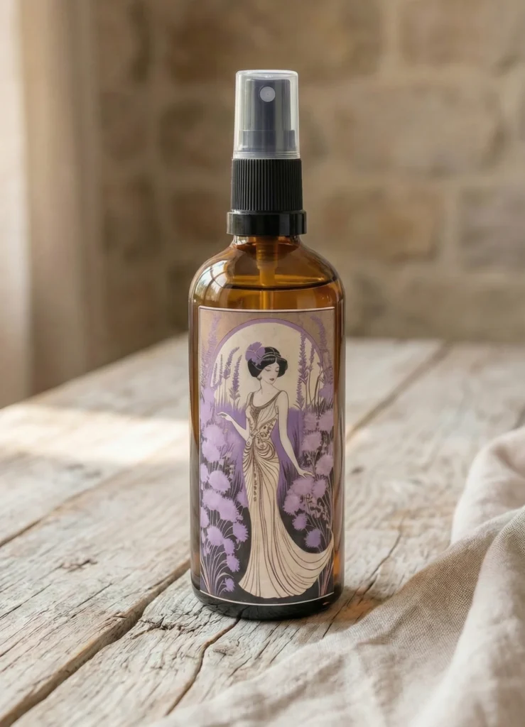 Bruma de almohada aroma lavanda en frasco ámbar con pulverizador sobre mesa rústica