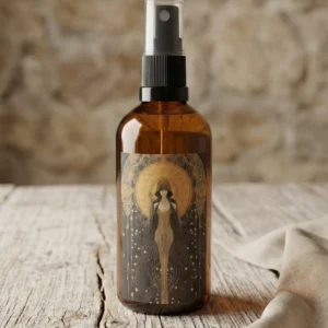 Bruma de almohada aroma palo santo en frasco ámbar con pulverizador sobre mesa rústica