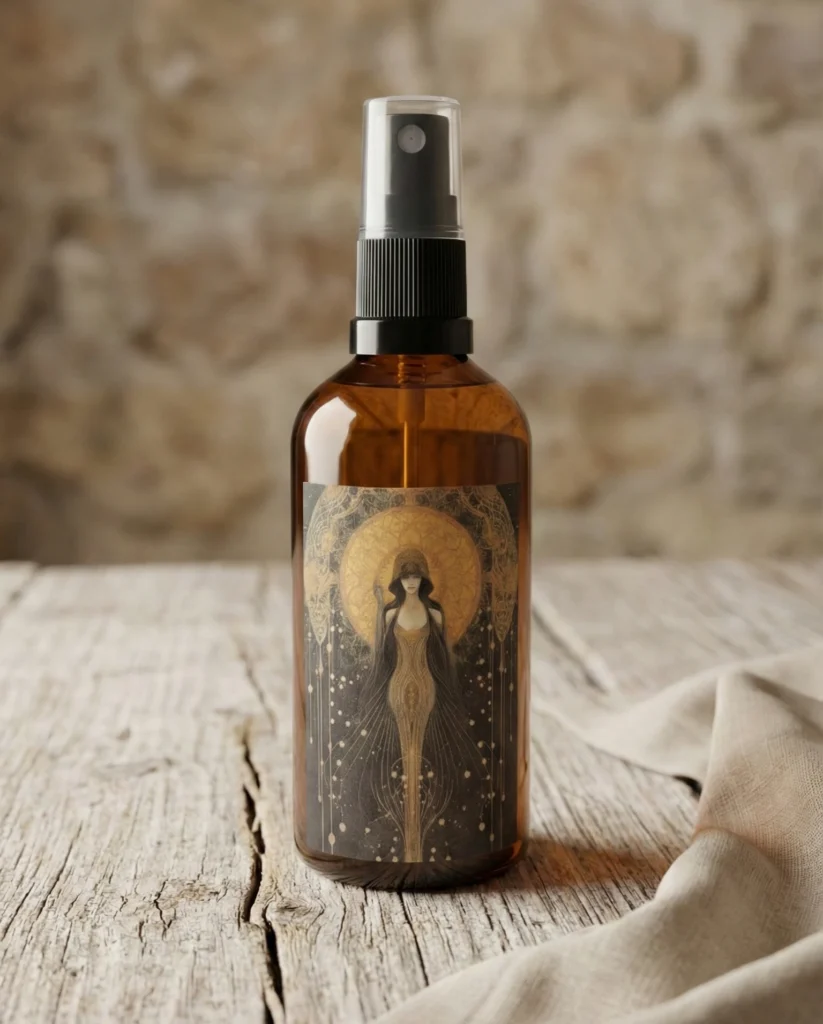Bruma de almohada aroma palo santo en frasco ámbar con pulverizador sobre mesa rústica