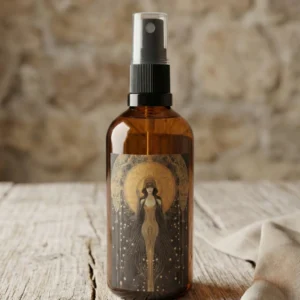 Bruma de almohada aroma palo santo en frasco ámbar con pulverizador sobre mesa rústica