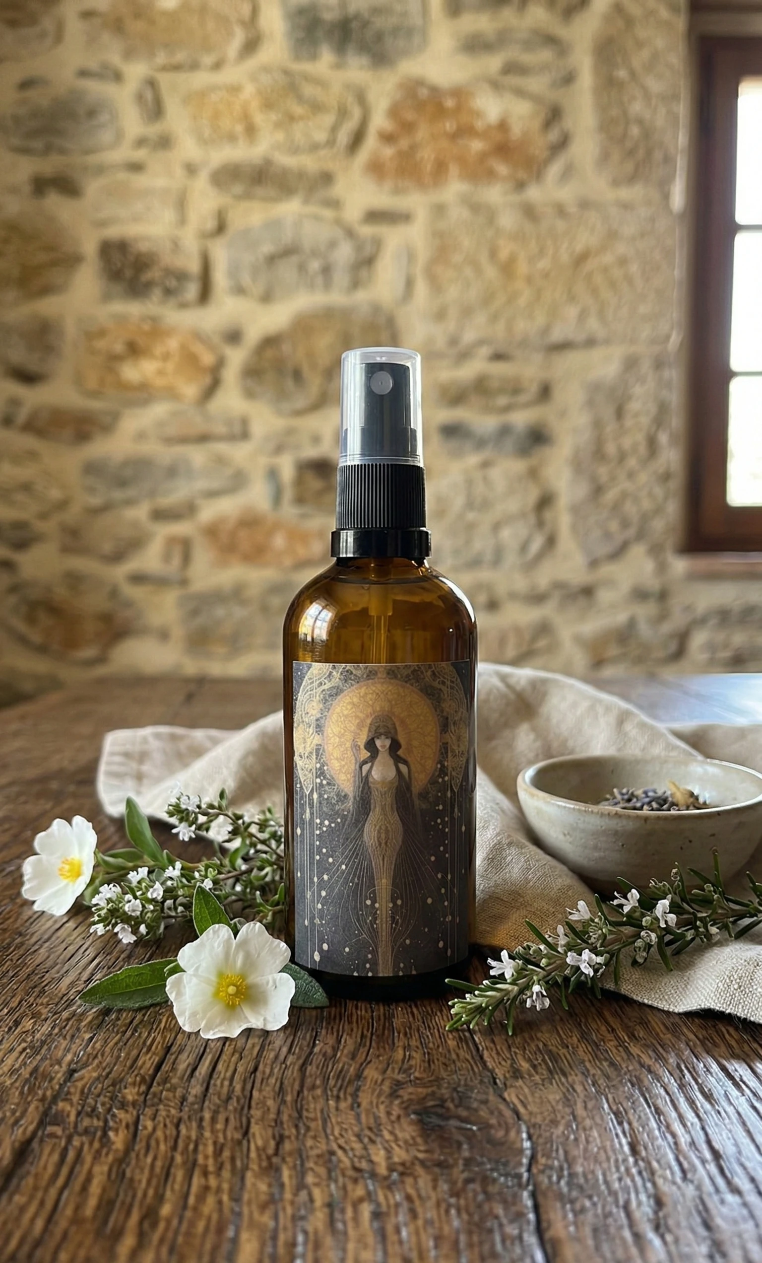 Bruma de almohada palo santo natural con flores blancas y hierbas sobre mesa de madera