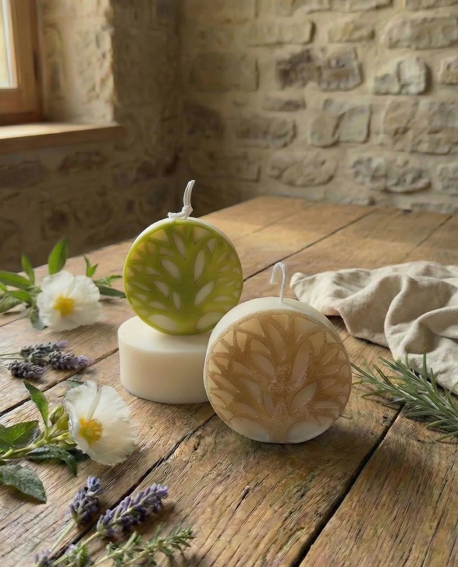Velas de soja con símbolo Árbol de la Vida en tonos verde y marrón sobre mesa de madera rústica con flores