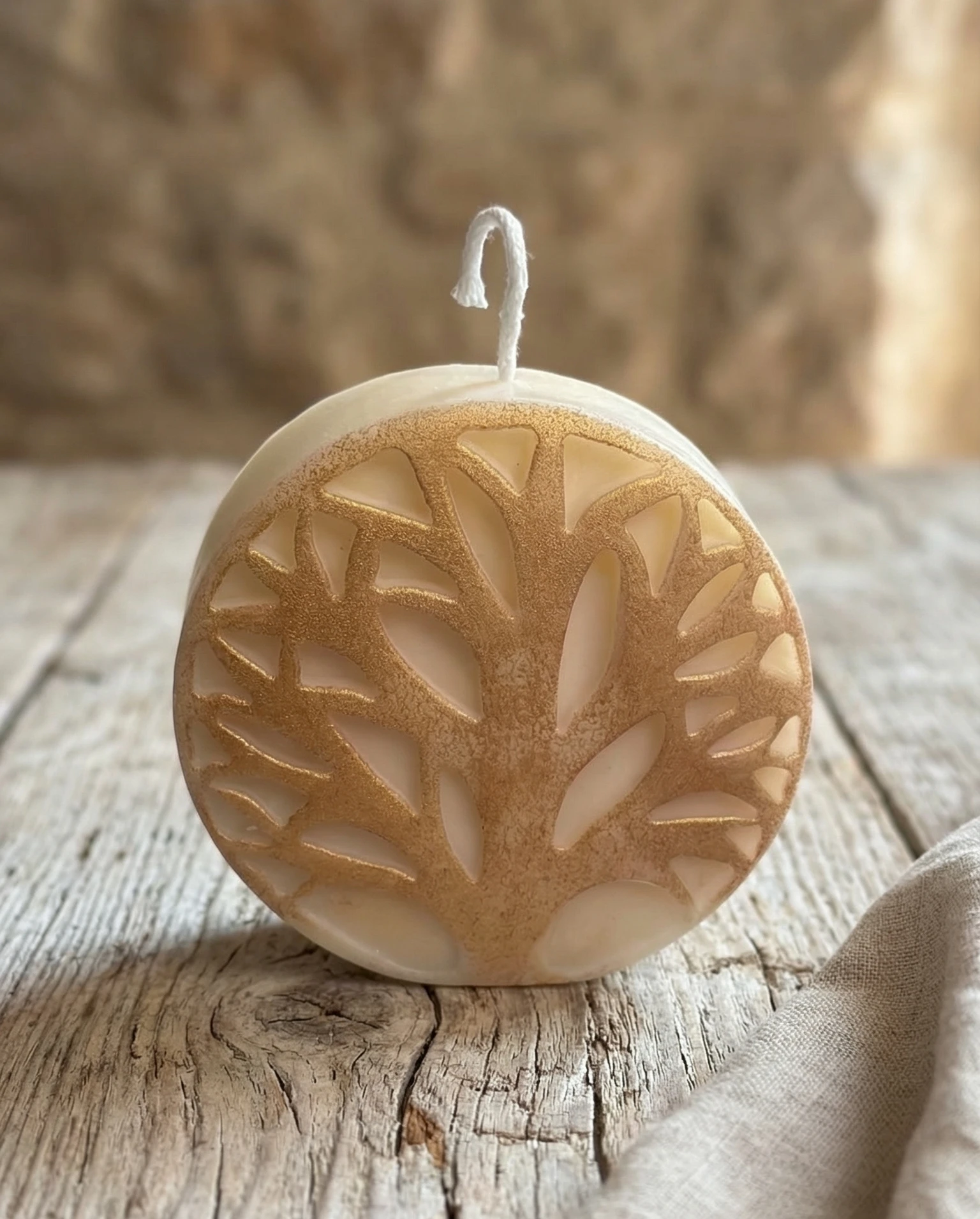 Vela decorativa Árbol de la Vida en color marrón sobre mesa de madera rústica