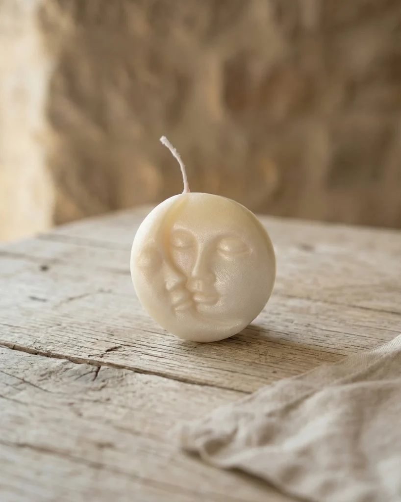 Vela artesanal de soja con rostro de luna sobre mesa de madera rústica