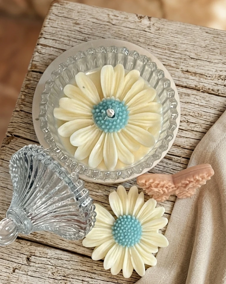 Vela bombonera artesanal de soja con forma de margarita dentro de recipiente de cristal vista superior