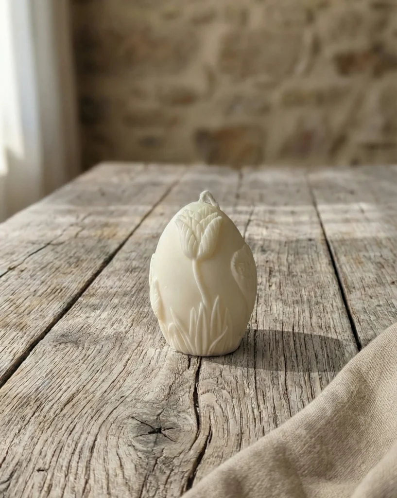 Vela decorativa en forma de huevo con relieve de flor en color blanco sobre mesa rústica de madera
