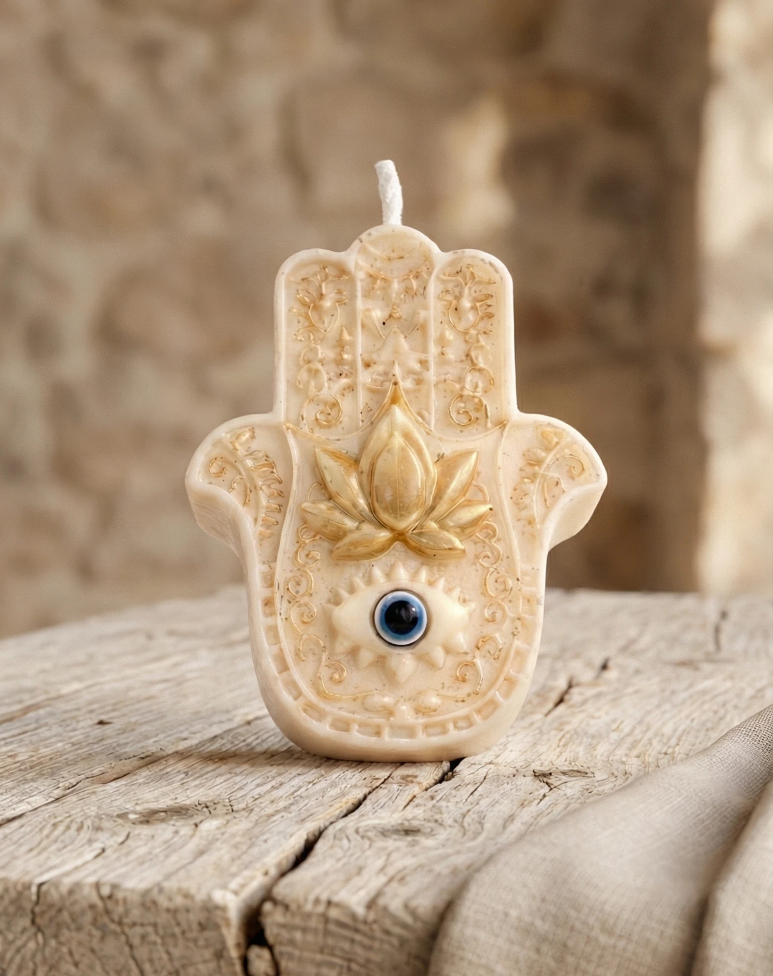 Vela artesanal Mano de Fátima beige con ojo protector sobre mesa rústica de madera