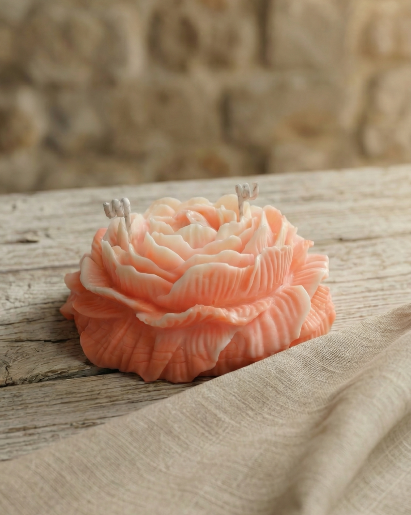 Vela decorativa grande en forma de peonía rosa de cera de soja sobre mesa de madera rústica
