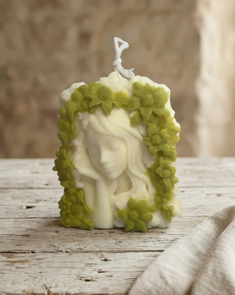 Vela de soja decorativa artesanal con rostro de mujer rodeado de flores verdes estilo primavera