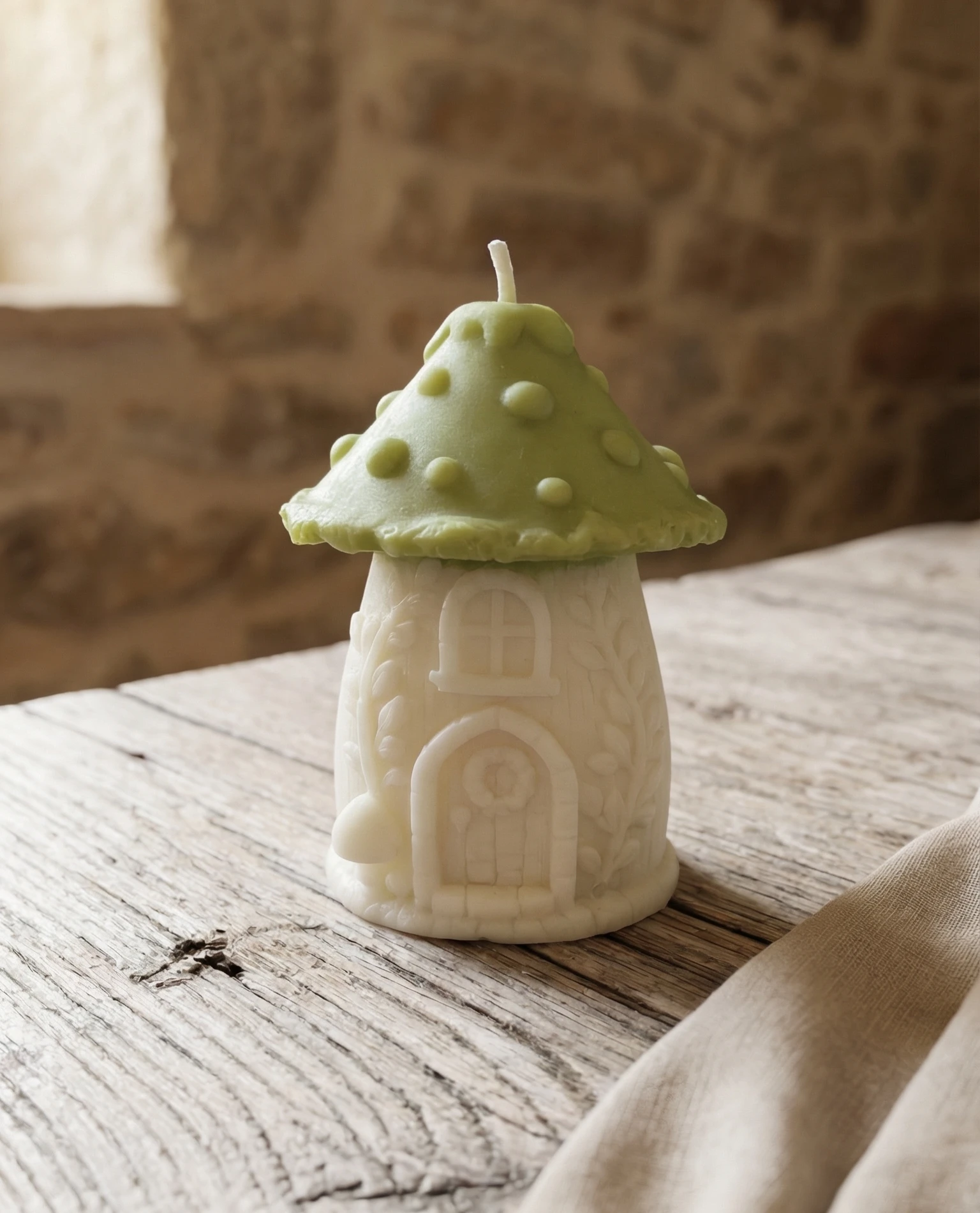 Vela decorativa en forma de seta con casa de gnomo tallada en cera de soja