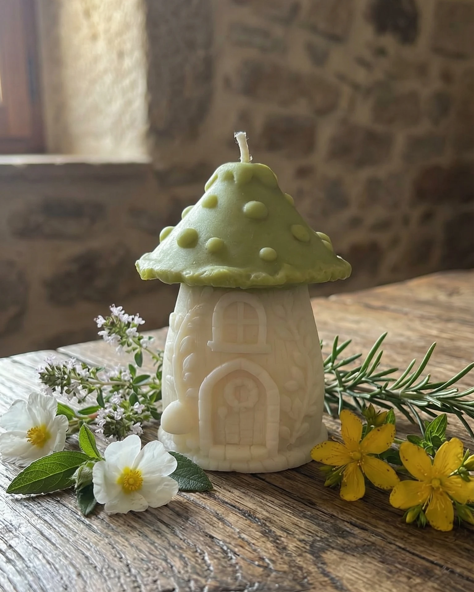 Vela en forma de seta casita de gnomo rodeada de flores silvestres sobre mesa de madera