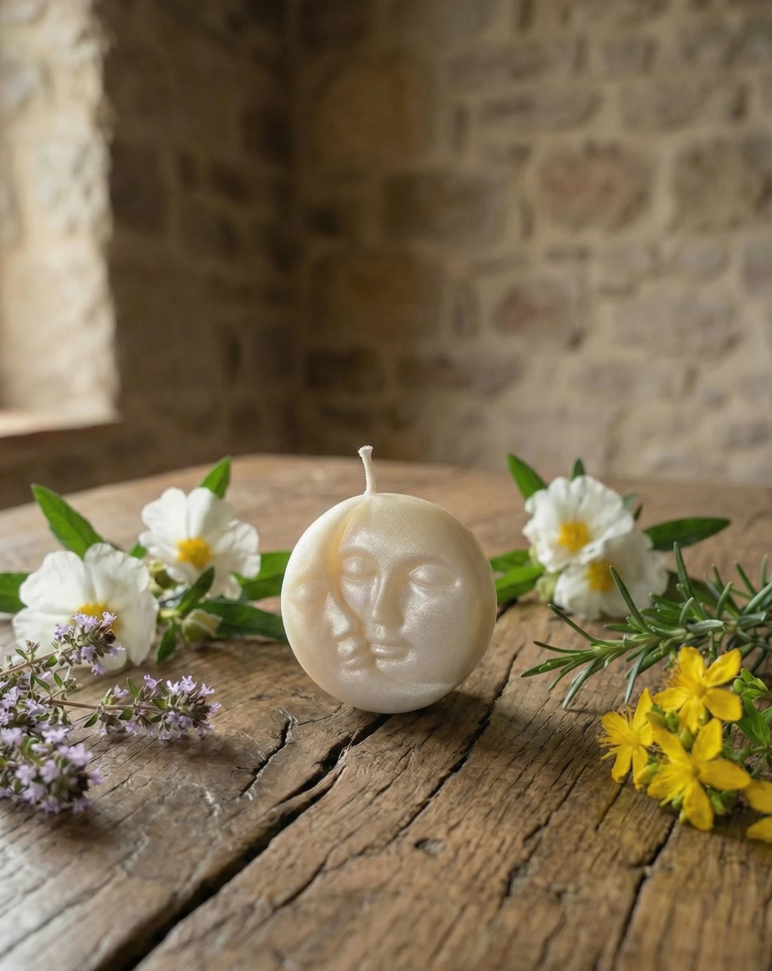 Vela decorativa artesanal de soja con cara de luna sobre mesa de madera rústica rodeada de flores