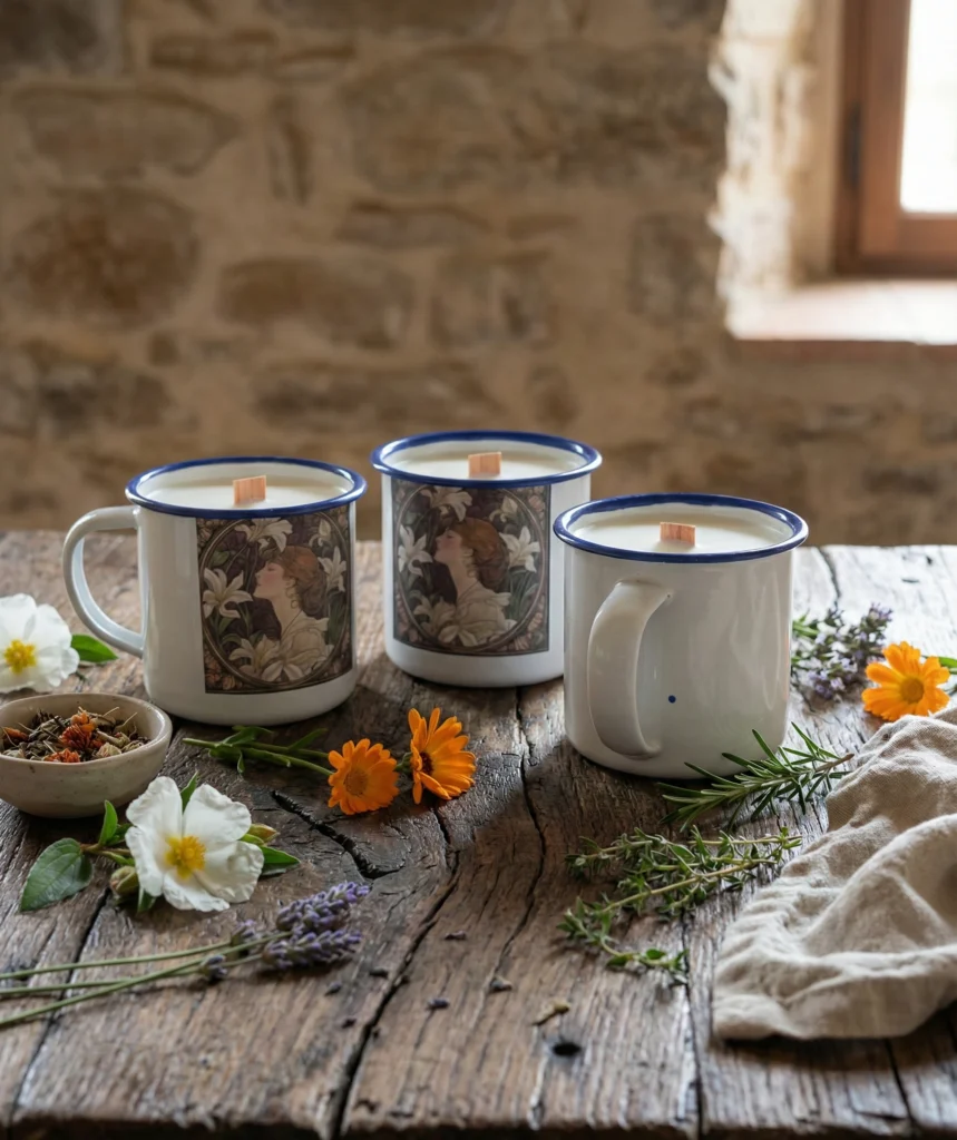 Velas de soja en tacitas esmaltadas Art Déco sobre mesa rústica con flores y lavanda