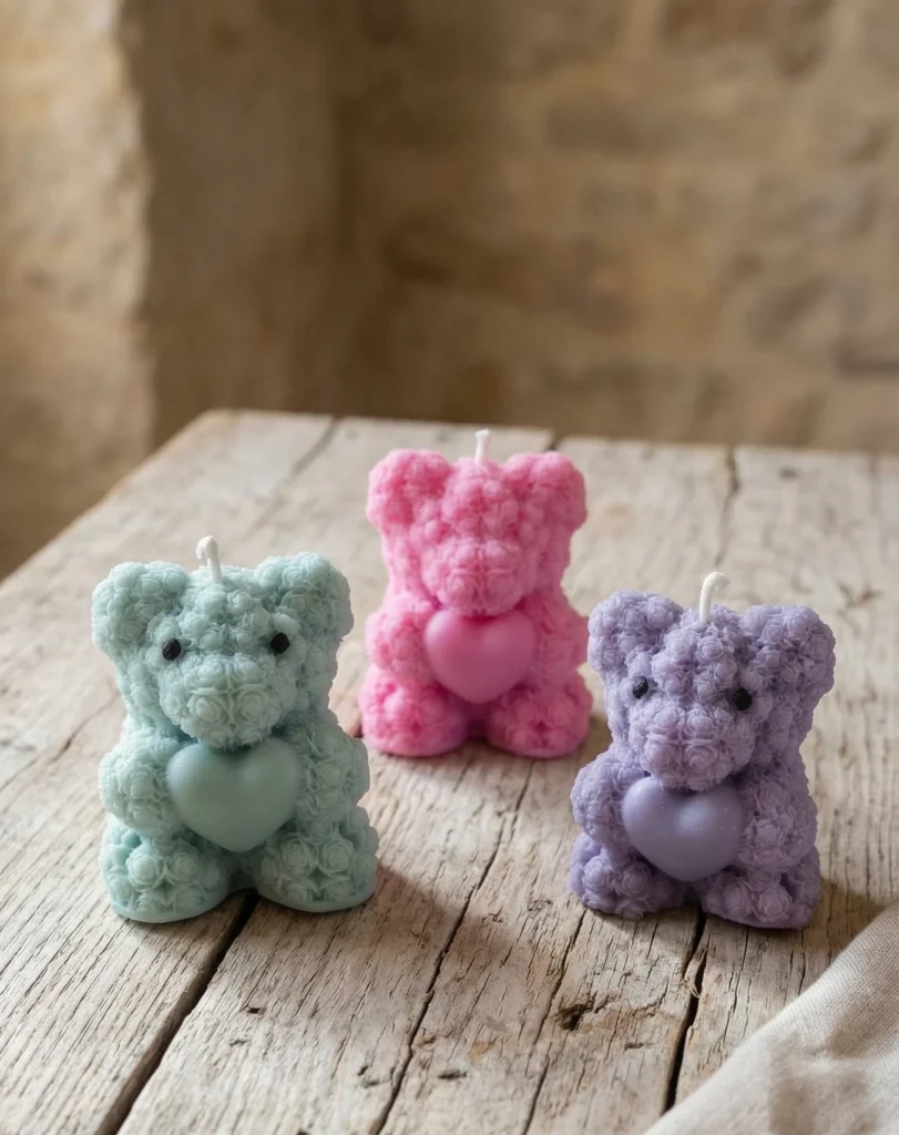 Velas de soja decorativas artesanales con forma de osito con corazón en colores pastel sobre mesa de madera rústica
